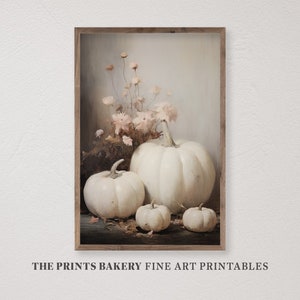 PRINTABLE Fall White Pumpkins Print, Farmhouse Autumn Still Life Wall Art, Neutral Muted Rustic Pumpkin Art Halloween Digital Download P193