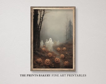 PRINTABLE Halloween Ghost Print, Spooky Haunted Forest Wall Art, Vintage Muted Neutral Printables, Digital Download Ghost Art Prints P154