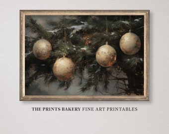 PRINTABLE Christmas Tree Gold Ornaments Digital Print, Vintage Holiday Wall Art, Muted Neutral Farmhouse Rustic Winter Prints, Download P226