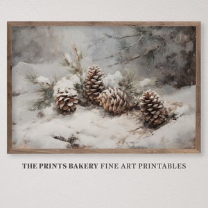 Impresión de conos de pino de Navidad de invierno IMPRIMIBLE, arte de pared rústico de granja vintage, impresiones de bodegones neutros, descarga digital silenciada nevada P236