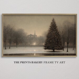 FRAME TV ART Parque de la ciudad nevado de Navidad, árbol de Navidad vintage gigante, arte festivo de invierno, arte de televisión Samsung de vacaciones neutrales, descarga digital TV170