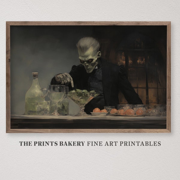 PRINTABLE Vintage Halloween Wall Art, Spooky Frankenstein Bartender Panting, Horror Prints Decor, Scary Zombie Art Instant Download, P127