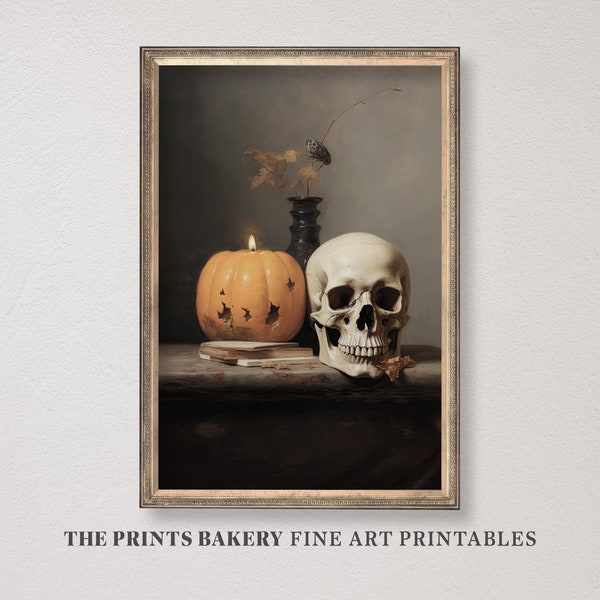 PRINTABLE Halloween Wall Art, Skull and Pumpkin in Vintage Still Life, Rustic Neutral Moody Print, Halloween Prints, Digital Download, P144