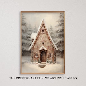 Impresión de casa de pan de jengibre de Navidad IMPRIMIBLE, Impresiones de arte navideñas vintage nevadas, Arte de pared festivo rústico neutro, Descargas digitales P206