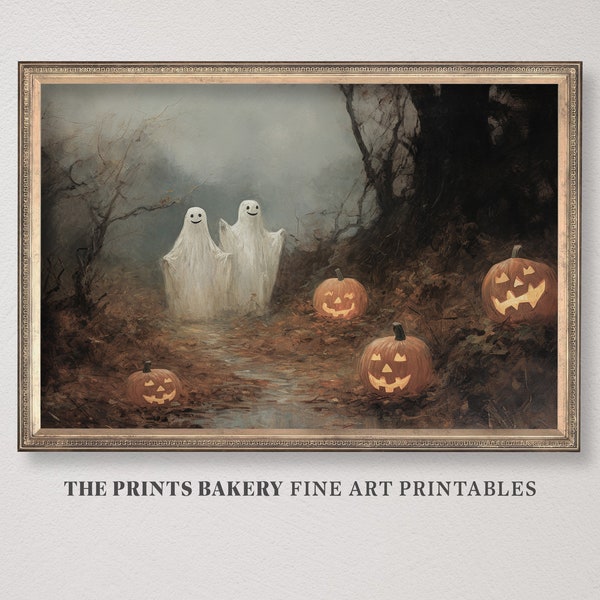 PRINTABLE Halloween Ghost Print, Cute Ghosts in Haunted Forest Wall Art, Vintage Muted Neutral Digital Download, Ghost Printables Art P180