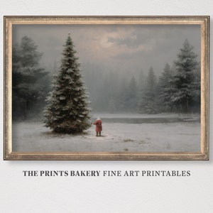 PRINTABLE Christmas Santa Claus Landscape Print, Vintage Winter Snowy Wall Art, Rustic Neutral Xmas Pine Tree Prints, Digital Download P210