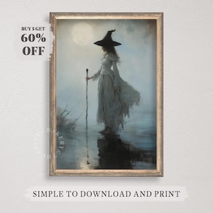 Witchy Moon Halloween Wall Art Printable Mystical Blue Witch Digital Download Dark Academia Castlecore Whimsigoth Gothic Wiccan Art Print