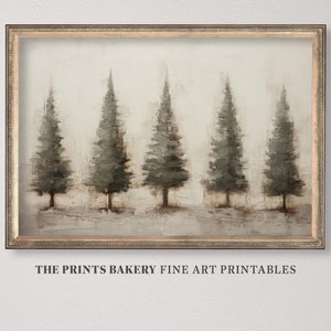 PRINTABLE Christmas Pine Trees Landscape Print, Festive Winter Holiday Wall Art, Primitive Vintage Rustic Prints, Xmas Digital Download P224