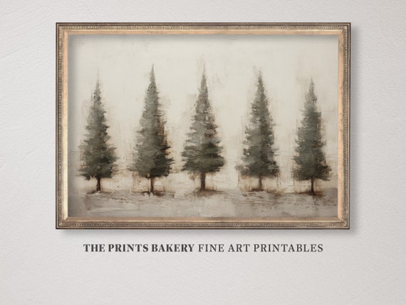 PRINTABLE Christmas Pine Trees Landscape Print, Festive Winter Holiday Wall Art, Primitive Vintage Rustic Prints, Xmas Digital Download P224