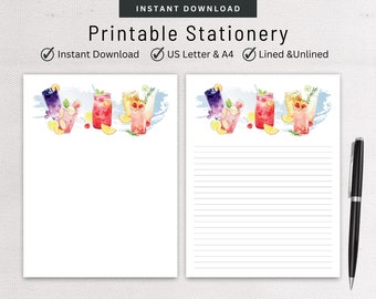 Stationery Set, Summer Drinks Letter Writing Set, Watercolor Design, Digital Note Taking, Lined & Unlined Note Paper, Pen Pal Supplies