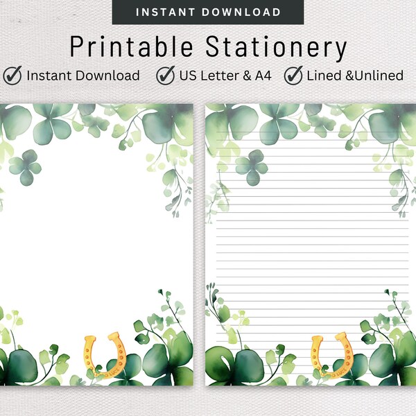 St. Patrick's Day Stationery Good Luck Letter Writing Set Digital Note Taking Lined & Unlined Note Paper Pen Pal Supplies