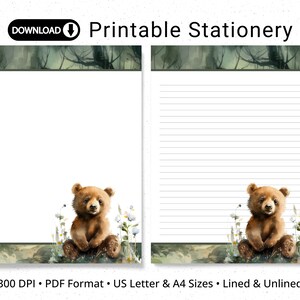 Writing Paper, Cute Bear, Printable Animal Stationery, Lined & Unlined Note Paper, Pen Pal Supplies, US Letter, A4, Instant Download