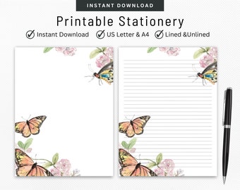 Stationery Printable Butterfly Watercolor Letter Writing Set Digital Note Taking Lined & Unlined Note Paper Pen Pal Supplies