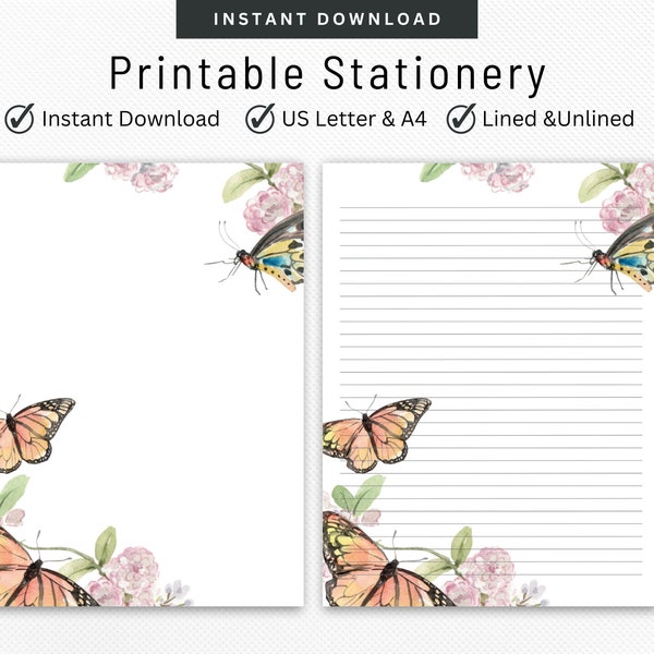 Stationery Printable Butterfly Watercolor Letter Writing Set Digital Note Taking Lined & Unlined Note Paper Pen Pal Supplies