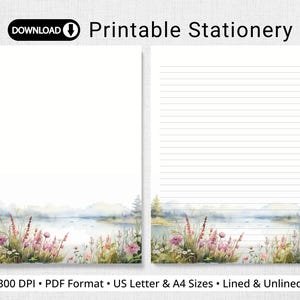 Writing Paper, Spring Landscape, Watercolor Lake, Lined & Unlined Note Paper, Pen Pal Supplies, US Letter, A4, Instant Download