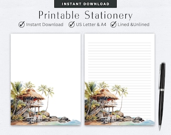 Tropical Letter Writing Paper - Beach Stationery Set - Digital Note Taking - Lined and Unlined Paper - Tiki Bar Theme - Pen Pal Supplies