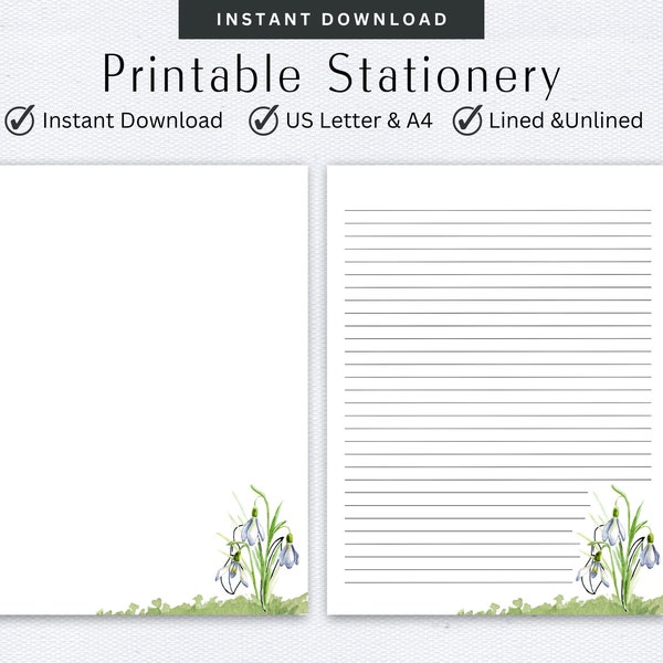 Floral Stationery, Snowdrop Flowers, Letter Writing Set, Digital Note Taking, Lined & Unlined Note, Paper Pen Pal Supplies