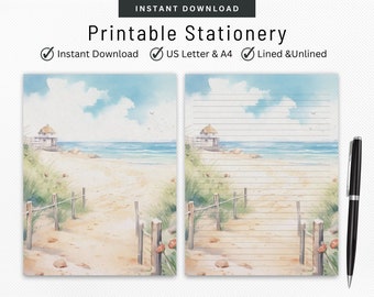 Beach Stationery, Sand Dunes, Letter Writing Set, Watercolor Design, Digital Note Taking, Lined & Unlined Note Paper, Pen Pal Supplies