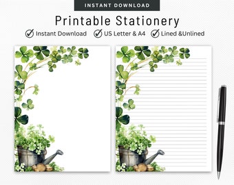 St. Patrick's Day Stationery Four Leaf Clover Letter Writing Set Watercolor Design Lined and Unlined Note Paper Pen Pal Supplies