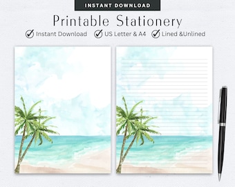 Stationery Set, Palm trees, Letter Writing Set, Watercolor Design, Digital Note Taking, Lined & Unlined Note Paper, Pen Pal Supplies