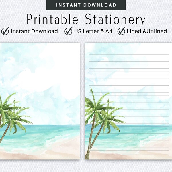 Stationery Set, Palm trees, Letter Writing Set, Watercolor Design, Digital Note Taking, Lined & Unlined Note Paper, Pen Pal Supplies