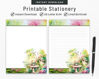 Stationery Set, Summer Garden, Letter Writing Set, Watercolor Design, Digital Note Taking, Lined & Unlined Note Paper, Pen Pal Supplies