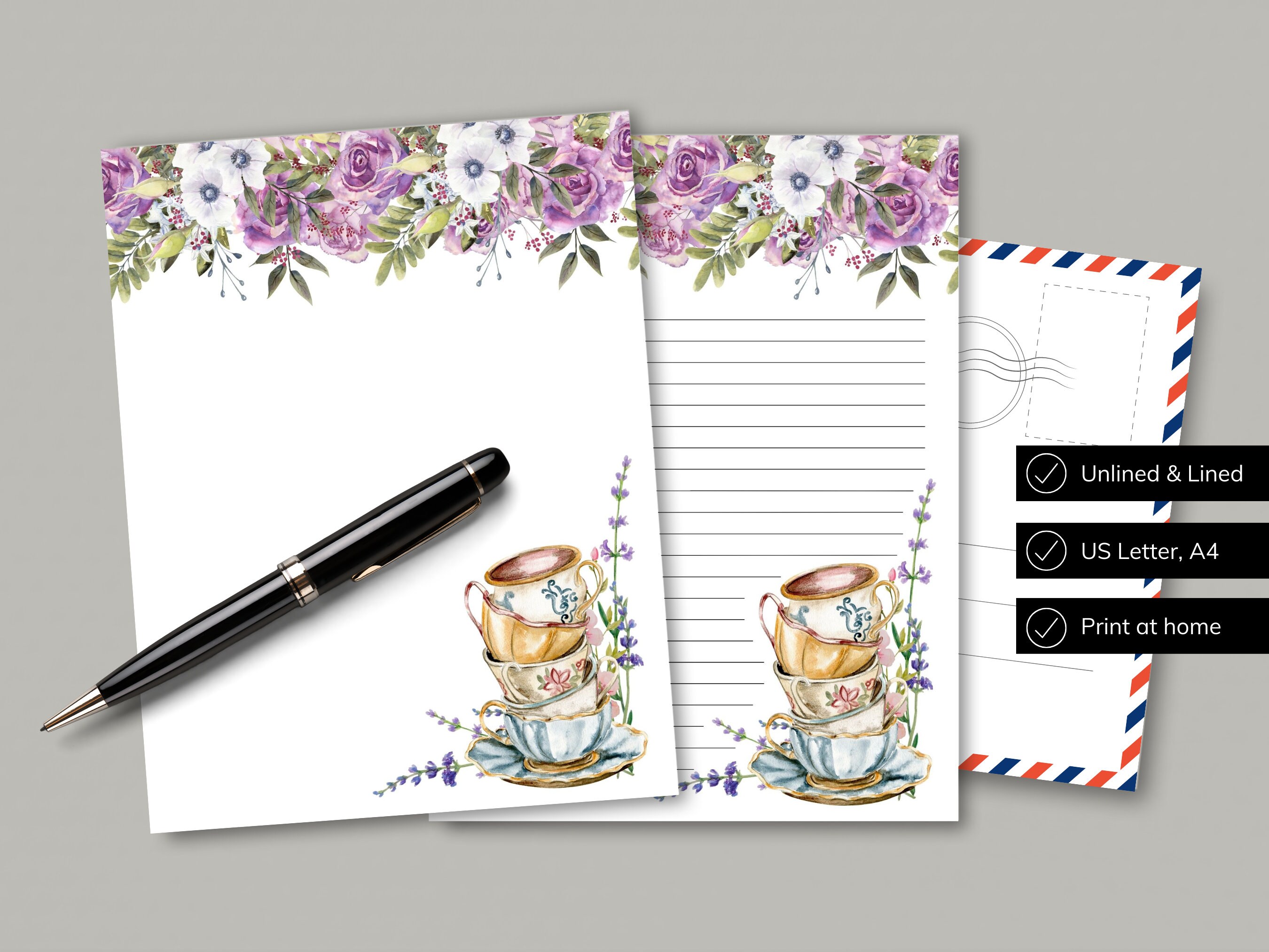 Vintage Teacups Stationery Printable Letter Writing Paper Etsy
