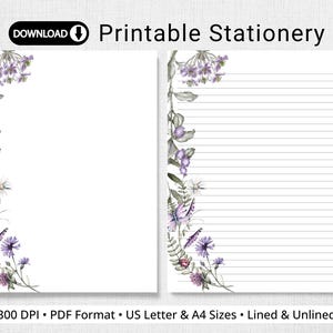 Writing Paper, Purple Wildflowers, Printable Floral Stationery, Lined & Unlined, Pen Pal Supplies, US Letter, A4, Instant Download