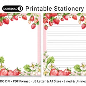 Writing Paper, Juicy Strawberries, Fruit Stationery, Lined & Unlined Note Paper, Pen Pal Supplies, US Letter, A4, Instant Download