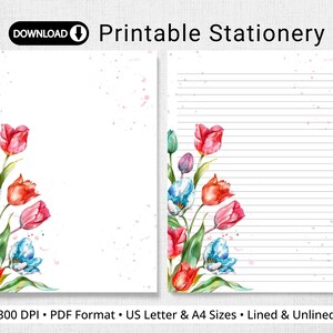 Writing Paper, Watercolor Tulips, Printable Floral Stationery, Lined & Unlined, Pen Pal Supplies, US Letter, A4, Instant Download