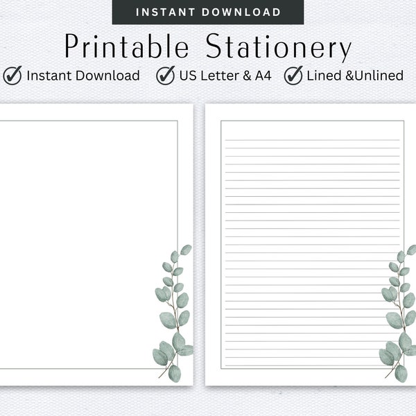 Botanical Stationery, Eucalyptus Leaf, Letter Writing Set, Digital Note Taking, Lined & Unlined Note Paper, Pen Pal Supplies