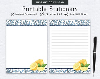 Stationery Set, Lemons Watercolor, Letter Writing Set, Blue Floral, Digital Note Taking, Lined & Unlined Note Paper, Pen Pal Supplies