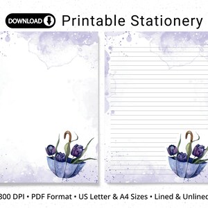 Floral Writing Paper Printable, Tulip Watercolor Design, Elegant Stationery for Letters and Notes, US Letter & A4 Sizes, Lined/Unlined