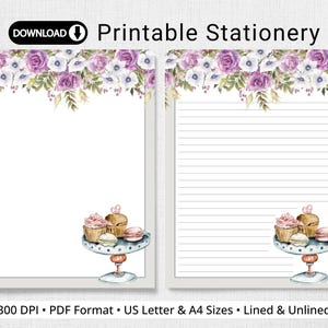 Writing Paper, Cupcakes and Macrons, Dessert Stationery Printable, Lined & Unlined, Pen Pal Supplies, US Letter, A4, Instant Download