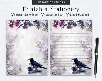 Gothic Stationery, Raven and Potions, Letter Writing Set, Digital Note Taking, Lined & Unlined Note Paper, Pen Pal Supplies