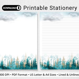 Writing Paper, Serene Forest, Nature Landscape Stationery, Lined & Unlined Note Paper, Pen Pal Supplies, US Letter, A4, Instant Download