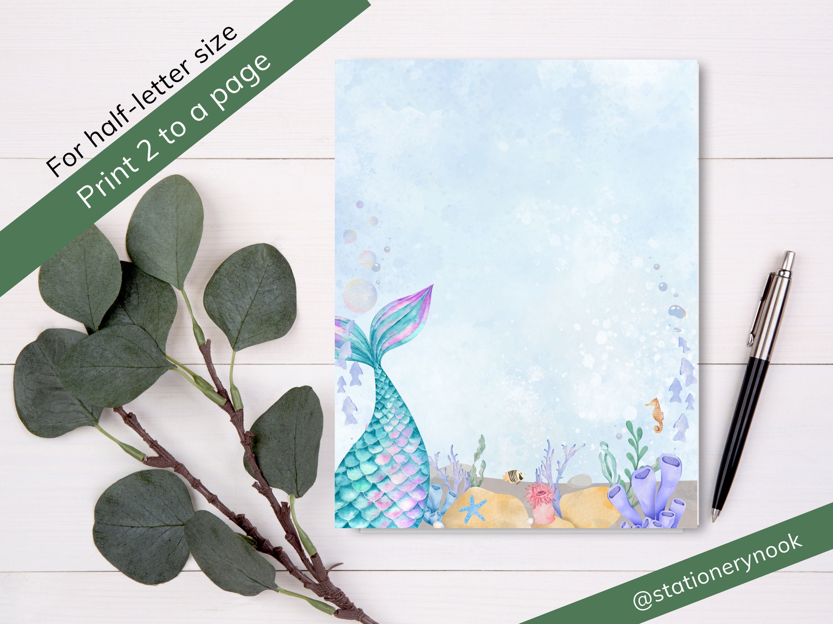 Mermaid Stationery Printable Letter Writing Paper Lined and - Etsy