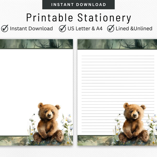 Stationery Set, Woodland Bear Letter Writing Set Woodland Theme Digital Note Taking Lined & Unlined Note Paper Pen Pal Supplies