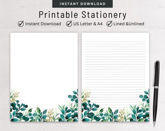 Botanical Stationery, Emerald Green Foliage, Letter Writing Set, Digital Note Taking, Lined & Unlined Note Paper, Pen Pal Supplies