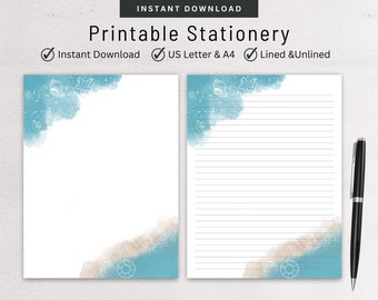 Stationery Set, Ocean Abstract, Letter Writing Set, Watercolor Design, Digital Note Taking, Lined & Unlined Note Paper, Pen Pal Supplies