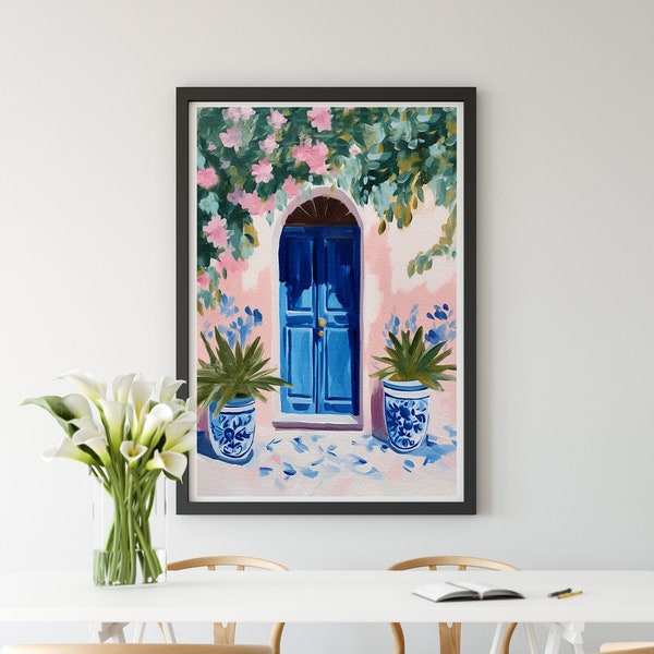 Santorini Greek Villa Poster with Pink Bougainvillea Flowers & Blue Door, Island Summer Large Format Print Downloadable  | 37T-XL