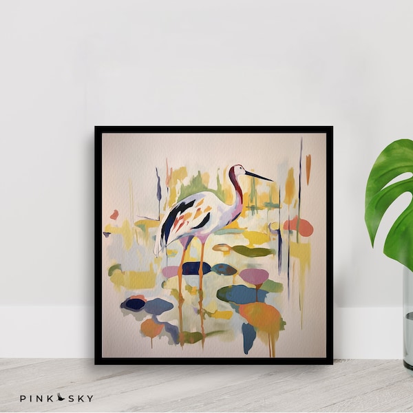 Bird Painting in Soft Earth Tones, "Reflections" Wading Bird with Water Lilies, Hello Birdie Series, DOWNLOADABLE Art Print | 88S