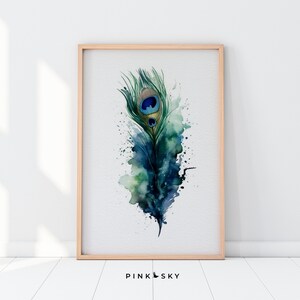 Peacock Feather Print,  Blue and Green Watercolor Peacock Bird Art White Watercolor Paper | Downloadable Art Print | 51T