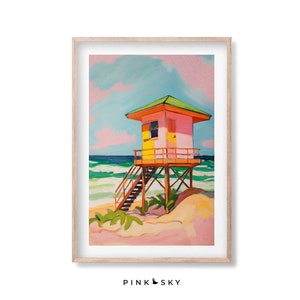 Pink Beach Lifeguard Tower Print: Coastal Pastel Landscape (Digital Download)
