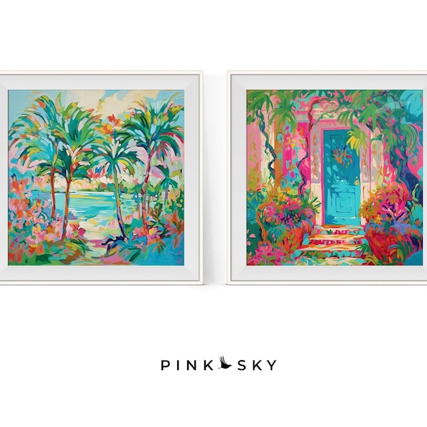 Preppy Summer, Set of 2: Blue Lagoon & The Blue Door (Pink Beach House), Coastal Decor in Bright Colors, SQUARE Downloadable Prints  | 95G