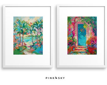 Set of 2 Bright Coastal Prints, Pink Preppy Wall Decor in Bright Tropical Colors with Palm Trees, TALL DOWNLOADABLE Printables | 95GT