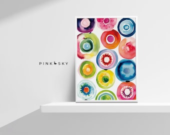 Può includere: Un dipinto astratto ad acquerello incorniciato che presenta un motivo colorato di cerchi sovrapposti in tonalità di rosa, rosso, arancio, giallo, verde, blu e viola.