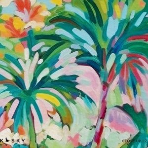 May include: Abstract painting of palm trees with bright green, blue, pink, and yellow colors. The text "PINK SKY" is in the lower left corner and "CLOSE UP | ZOOM VIEW" is in the lower right corner.