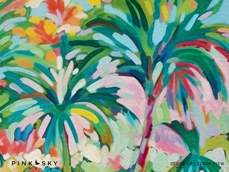 May include: Abstract painting of palm trees with bright green, blue, pink, and yellow colors. The text "PINK SKY" is in the lower left corner and "CLOSE UP | ZOOM VIEW" is in the lower right corner.