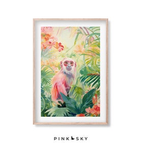 Tamarin Monkey Art Print, Pink Jungle Animal Wall Decor, Tropical Botanical Whimsical Wildlife Print, Colorful Home Decor Gift | 115T